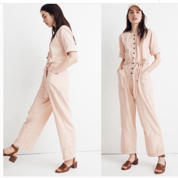 Madewell Top-Stitched Coverall Jumpsuit in Bashful Blush Pink - Picture 1 of 13